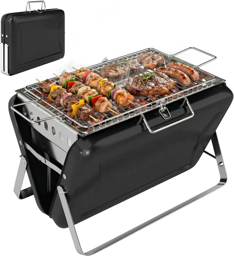 Outsunny rozsdamentes faszenes BBQ füstölő sütőrácsokkal – hordozható, összecsukható lábak, 40 x 28 x 25,5 cm, fekete | Aosom