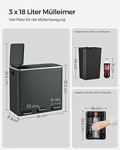Konyhai szemetes, 3 × 18 literes szelektív hulladékgyűjtő, acél, zöldesszürke