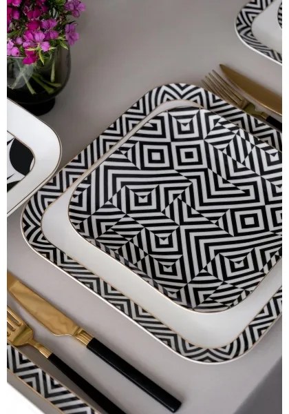 26 részes étkészlet, fehér/fekete, porcelán