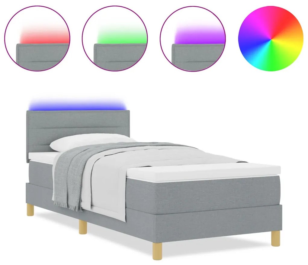 vidaXL LED Box Spring Ágy matracmal Világosszürke 90 x 200 cm szövet