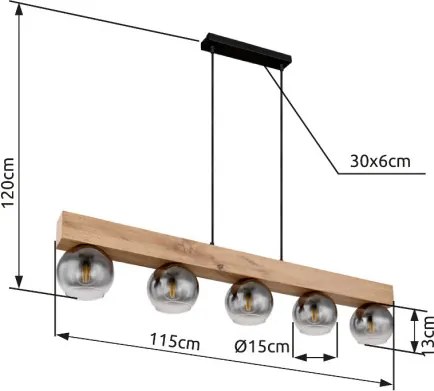 Globo 15656-5H Függeszték fém fekete matt, MDF fa hatású sötét, üveg füstszínű, átlátszó, kábeltextil fekete, állítható magasságú (függőlámpa), HxSzxM.: 1150x150x1200mm, nem tartozék: 5x E27 40W 230V