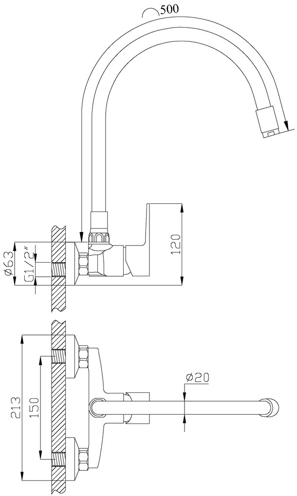 Invena Verso, falra szerelhető konyhai csaptelep 150mm elasztikus karral, fekete matt, INV-BC-82-E44-L