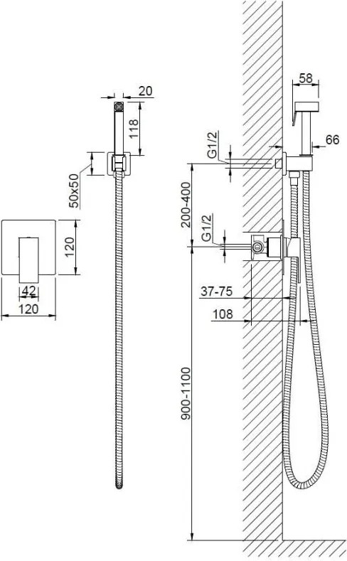 AREZZO design CUBEFIELD falsík alatti bidé csaptelep kézizuhannyal, króm