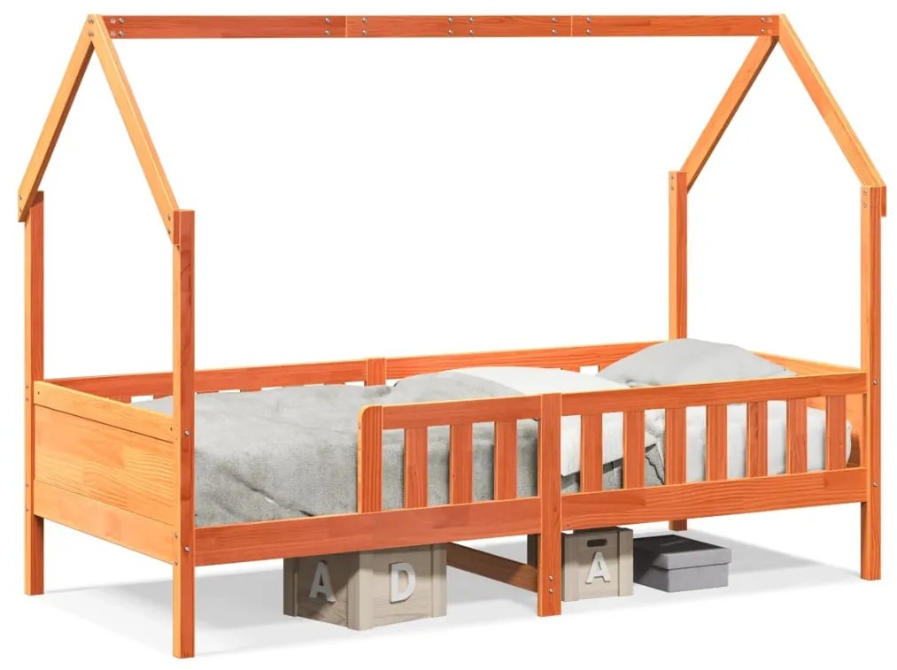 viaszbarna tömör fenyőfa házikó gyerekágykeret 80 x 200 cm