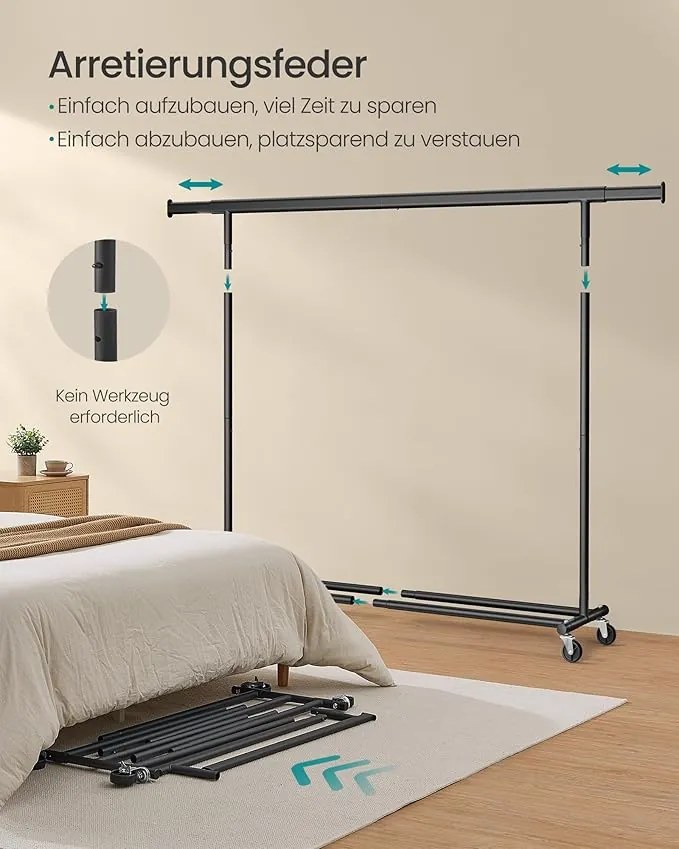 Ruhatartó állvány kerekekkel, nagy teherbírású gurulós gardróbállvány, max. 150 kg terhelhetőség, fekete