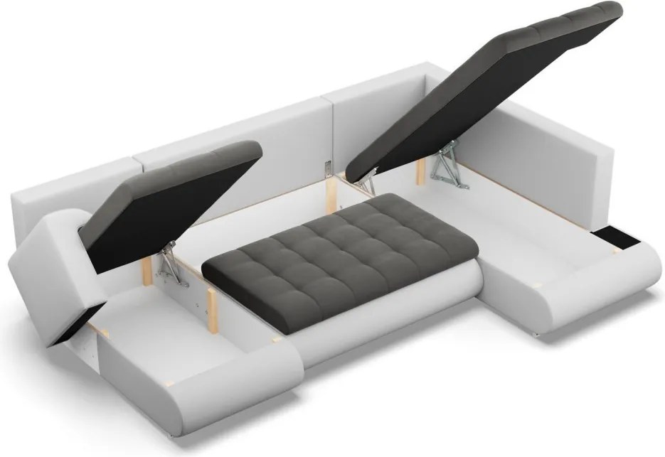 Tokio U sarokkanapé, 3 ágyneműtartóval, bársony + műbőr, jobboldali, szürke - fehér