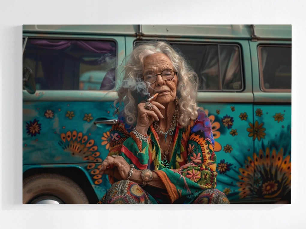 Poszter Hippi Idős Nő Színes Van Retro 120x80