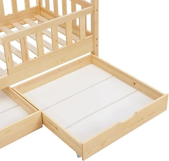 Természetes fa gyerekágy ház formában, tárolóval