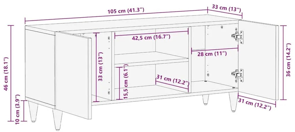 TV szekrény polcokkal Fehér 105 x 33 x 46 cm tömör mangófa