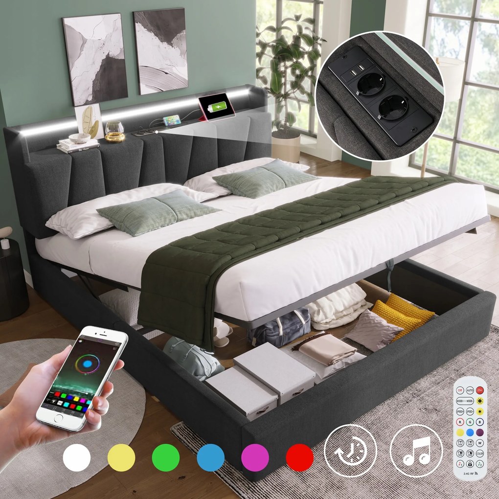 Kárpitozott Usb franciaágy Led tárolóval 140x200cm+Matrac