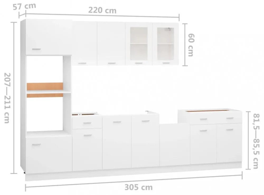 Lyon 7 részes fehér szerelt fa konyhai szekrénygarnitúra