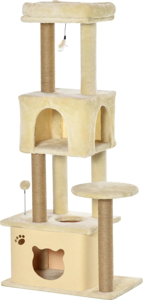 PawHut Nagy Macskakaparó Fa 60x34x136 cm Macska Fa Platformokkal, Plüss Barlangokkal, Levehető Jutaoszlopokkal és Felfüggesztett Labdával Beige | Aoso