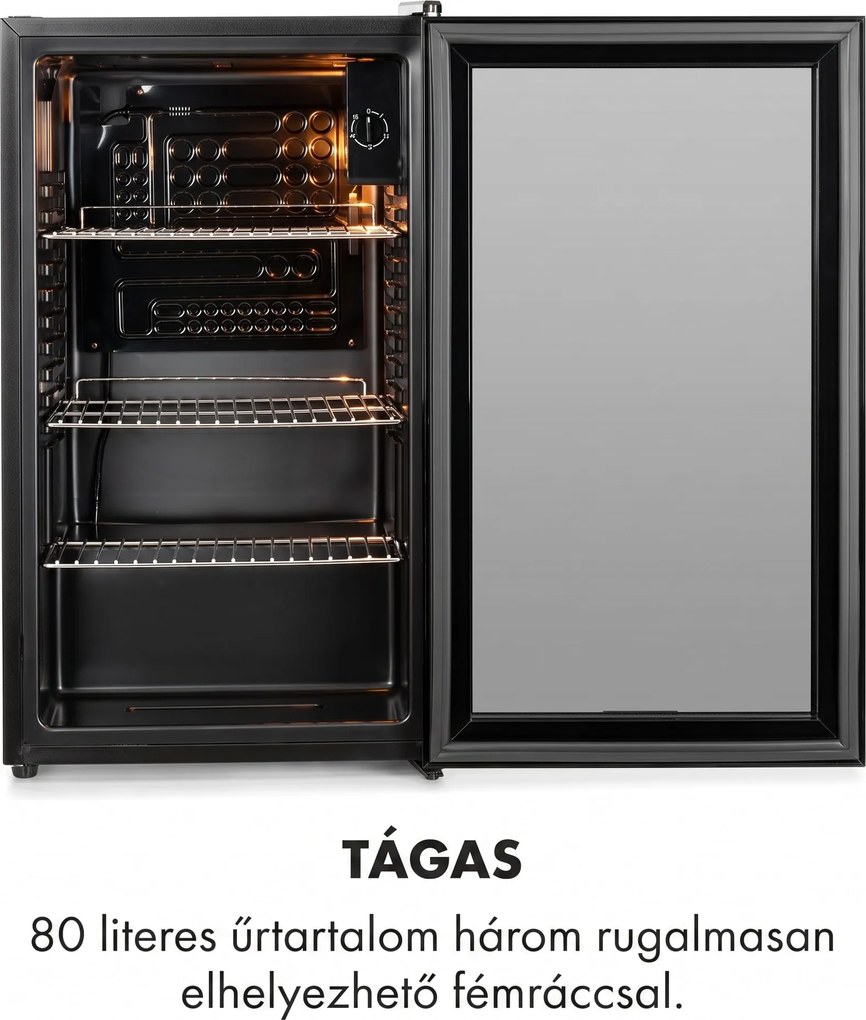 Klarstein Beersafe XXL Onyx, hűtőszekrény, E energiahatékonysági osztály, 3 fém rács, panoráma üvegajtó
