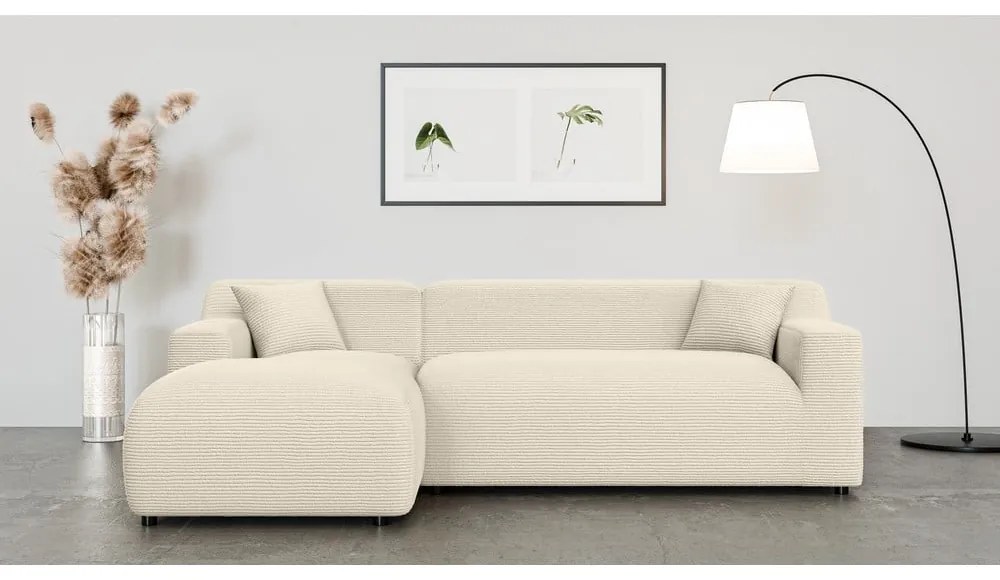 Bézs-krémszínű kordbársony sarokkanapé (bal oldali-heverő résszel) Martin – Ropez