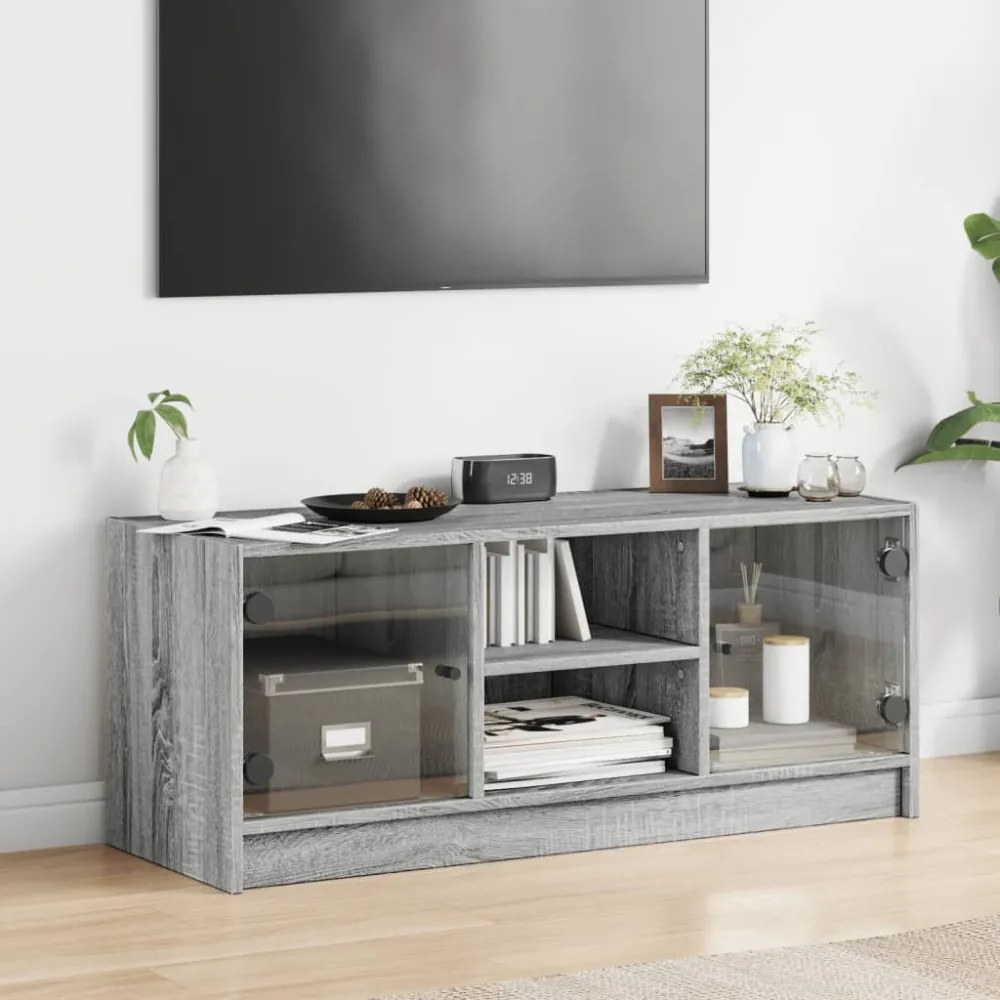 szürke sonoma színű TV-szekrény üvegajtókkal 102 x 37 x 42 cm