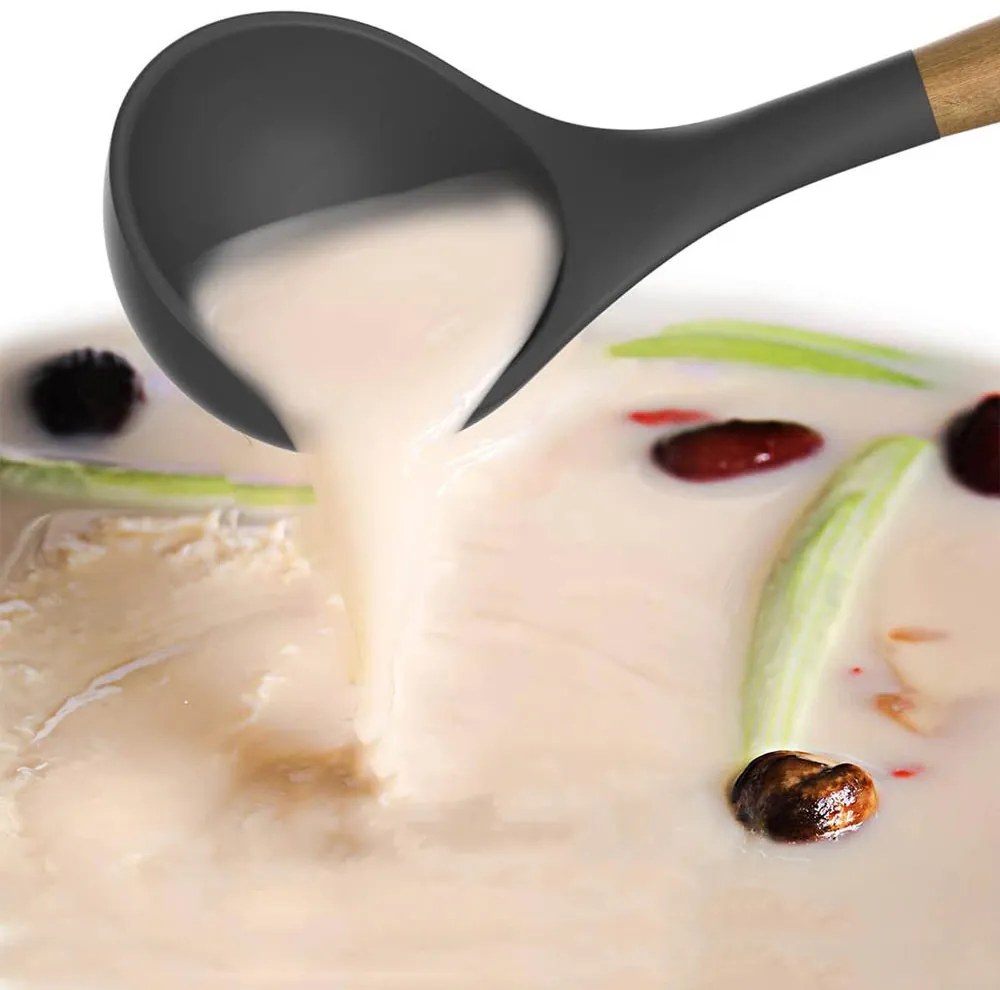 14 darabos konyhai eszközkészlet, hőálló szilikon fejjel, tartóval, sötétszürke