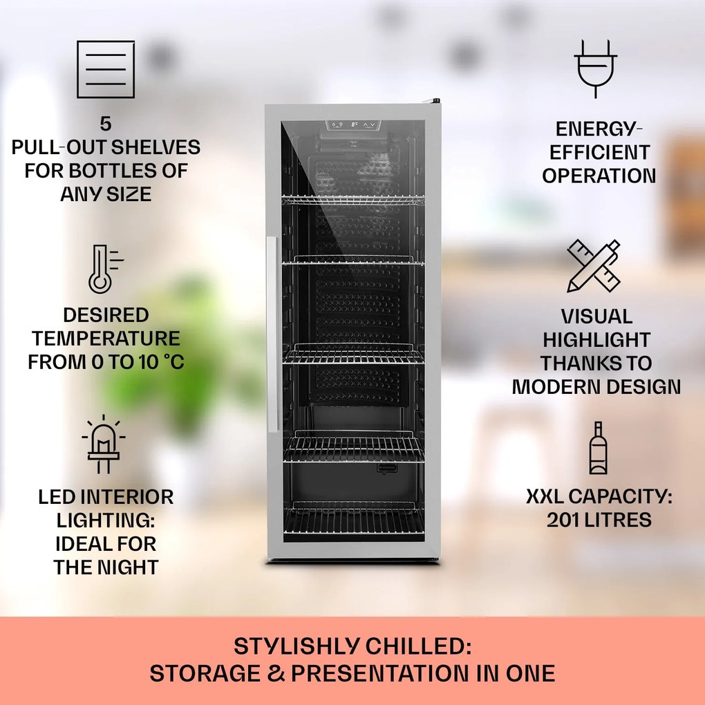 Klarstein Beersafe 6XL, italhűtőszekrény, 201 liter, 0 -10°C, üveg, G energiahatékonysági osztály, rozsdamentes acél