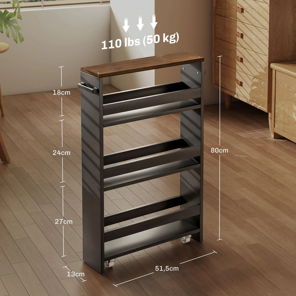 HOMCOM Görgős Tároló Kocsi 3 Polccal, dim. 51,5L x 13W x 80H cm, Konyhához, Fürdőszobához, Irodához, fekete | Aosom