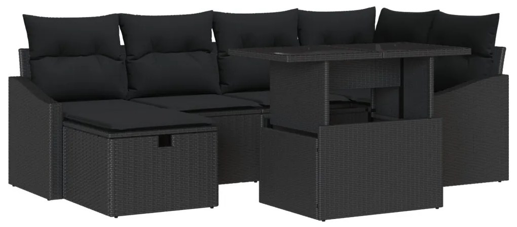 7 darabos kert szófakészlet párnákkal, fekete poli rattan