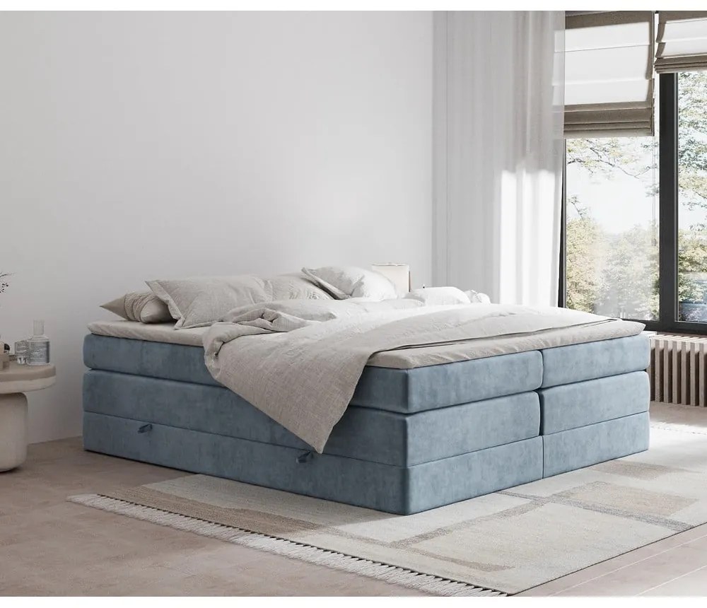 Kék ágyneműtartós boxspring ágy ágytámla nélkül 200x200 cm Juniper – Maison de Rêve