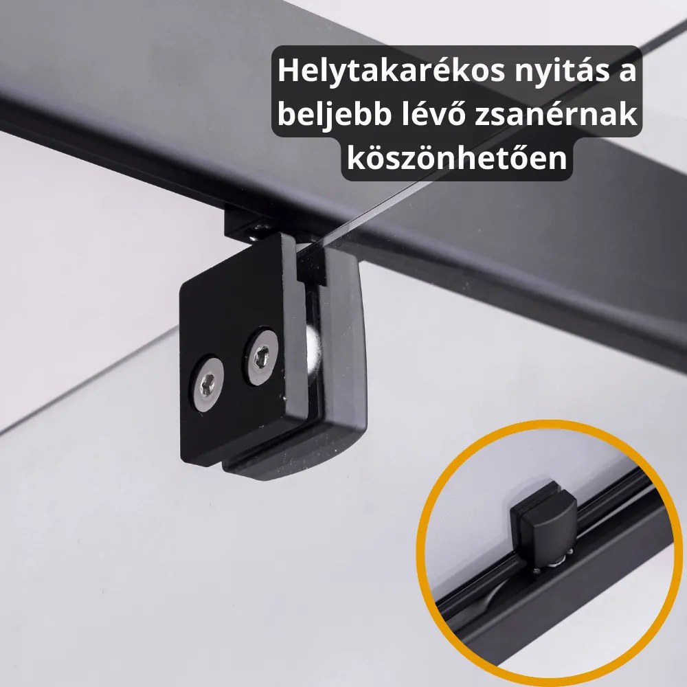 Stuxi Torino Black 110x100 aszimmetrikus szögletes nyílóajtós zuhanykabin 6 mm vízlepergető biztonsági üveggel, matt fekete elemekkel, 200 cm magas