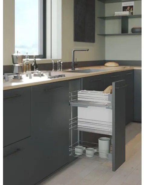 Konyhai fémrács, 300mm, oldalra szerelhető, ezüst szürke, teljes kihúzás, csillapított záródás, rejtett fióksín, 3 kosár, textílzsákkal SIGE, Green Li...