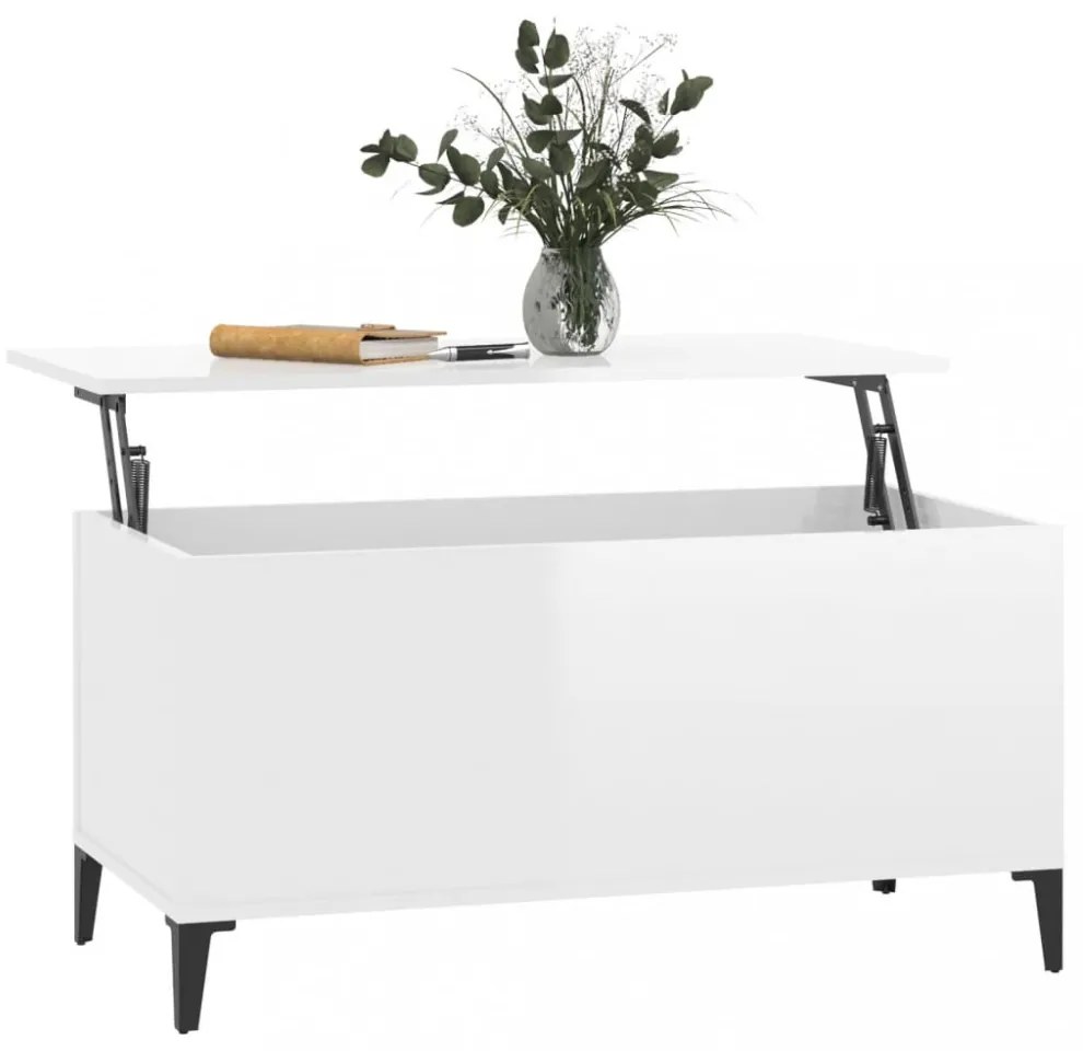 magasfényű fehér szerelt fa dohányzóasztal 90x44,5x45 cm