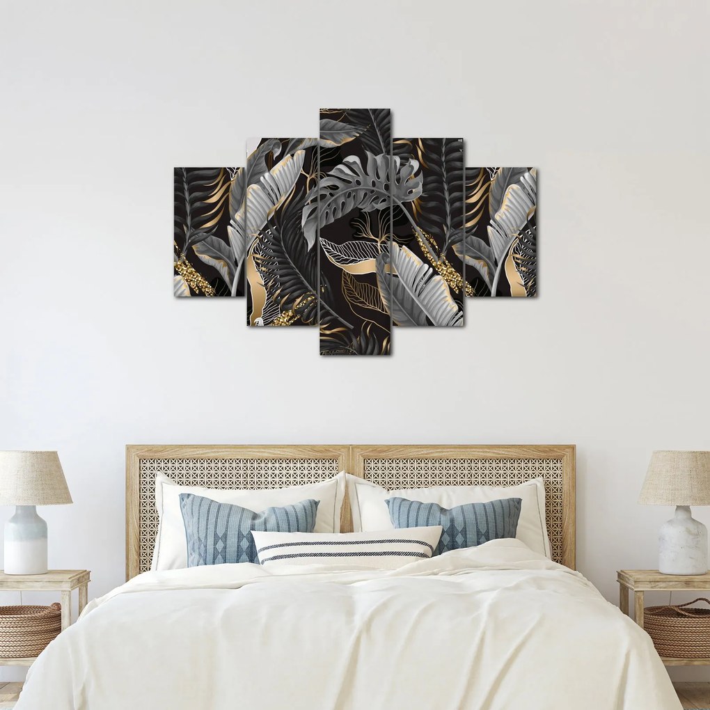 Kép - Trópusi levelek fekete és arany színben (150x105 cm)
