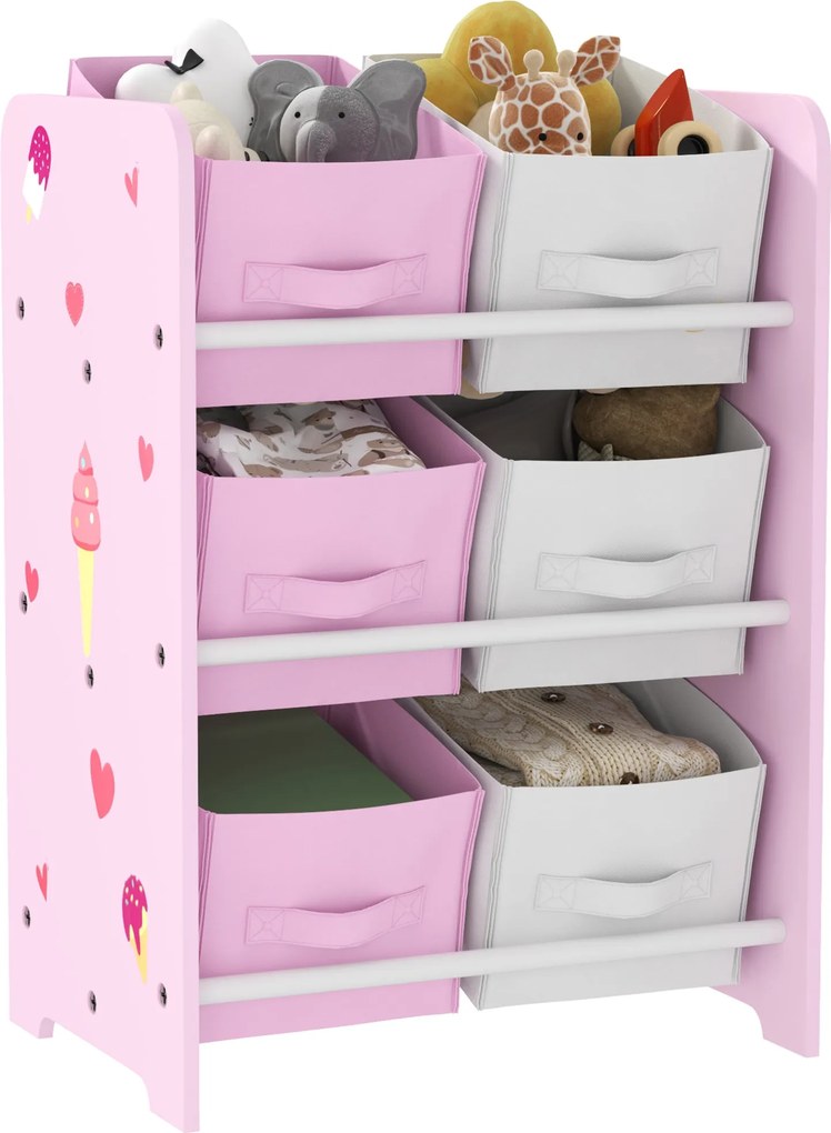 AIYAPLAY Gyermek Könyvespolc 3+ Éves Gyermekeknek Játékpolc 6 Leszedhető Nem Woven Szövet Dobozzal Játék Szervező Gyerekszobába 43x30x60 cm Rózsaszín