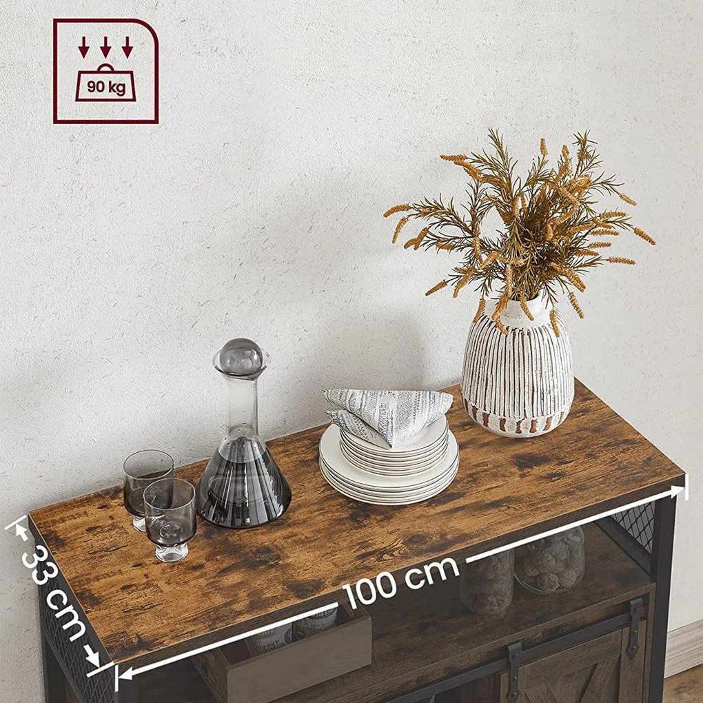 Ipari stílusú tálalószekrény tolóajtókkal, 6 tárolórekesszel és állítható polcokkal, 100 x 33 x 80 cm, rusztikus barna és fekete