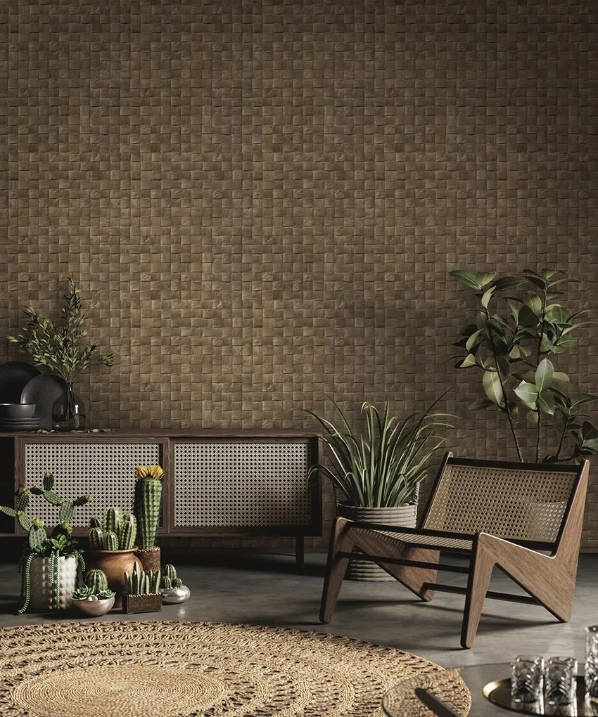 Barna Fali Tapéta Vinil Fonott Motívummal, Flizelin