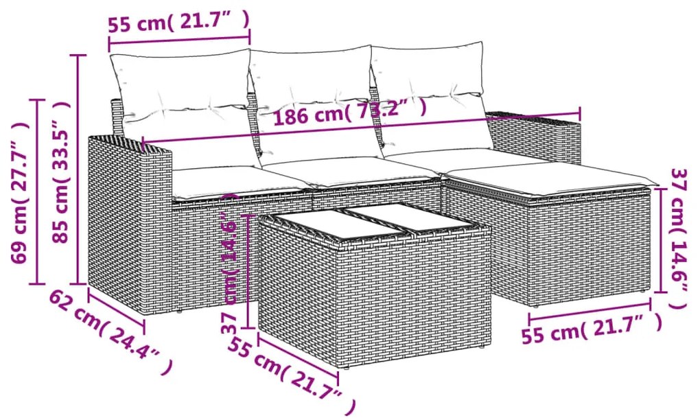 5 részes szürke polyrattan kerti ülőgarnitúra párnákkal