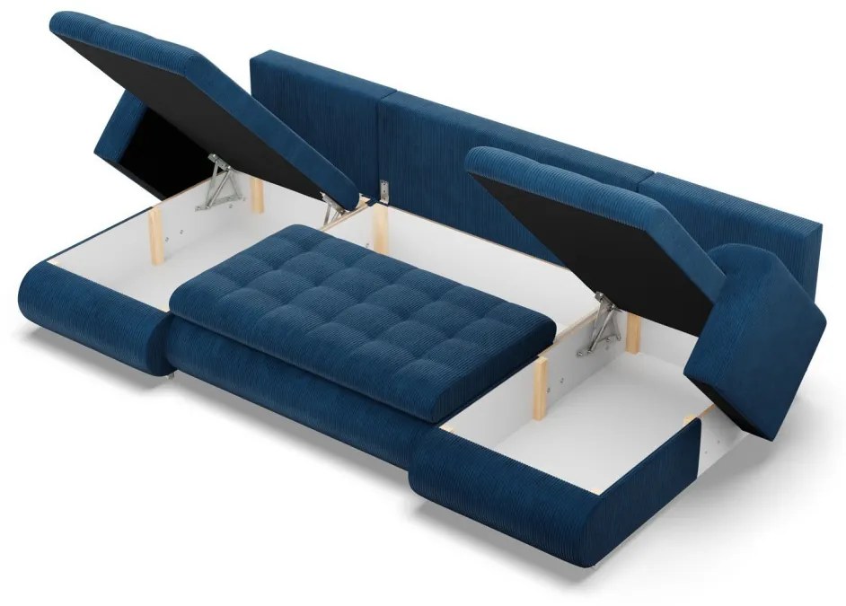 Tokio U alakú sarokkanapé, 3 ágyneműtartóval, kordbársony, univerzális oldal, kék