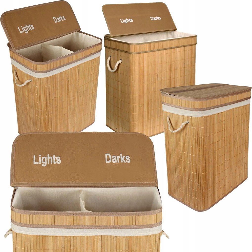 Nagy Szennyestartó Kosár Bambusz Kétrekeszes 105L Öko Fedéllel Divatos