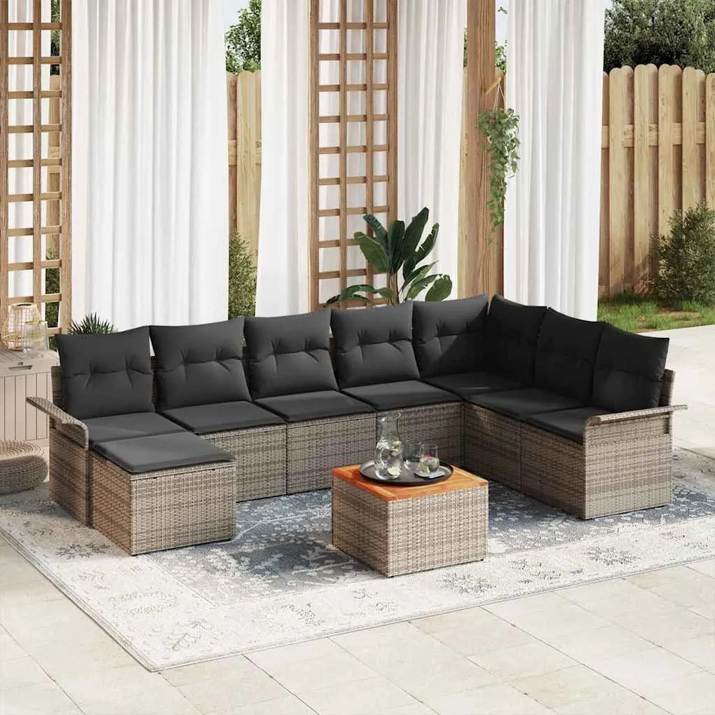 Kerti Kanapé Szett 9 pcs Szürke Poli rattan, acél, tömör akácfa