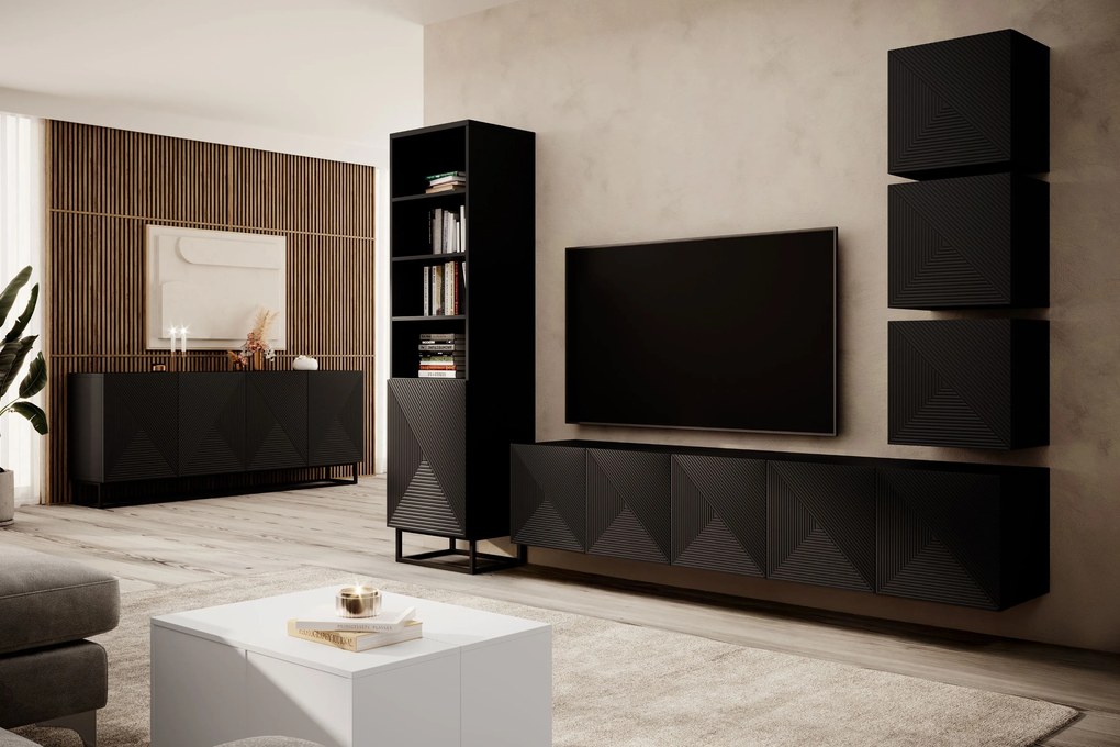 Asha falra szerelhető TV szekrény 200 cm, bordázott előlap - matt fekete