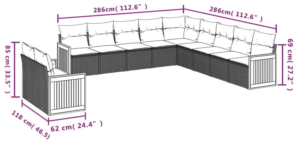 11 részes fekete polyrattan kerti ülőgarnitúra párnákkal