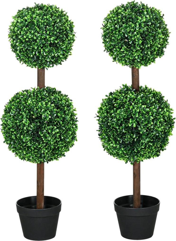HOMCOM 2 részes nagy műanyag bukszusfa 90 cm, UV-álló műnövény, műanyag műnövények cserépben, műfa, élethű műnövény nappali, hálószoba, iroda és kert