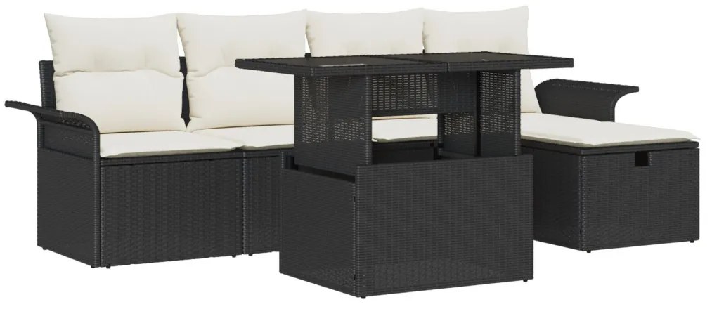 6 Részes Kert Sofabútor Készlet Párnákkal Fekete Poli Rattan, 2 Személyes Kert Sofabútor Készlet Raktárral és Párnákkal Fekete Poli Rattan