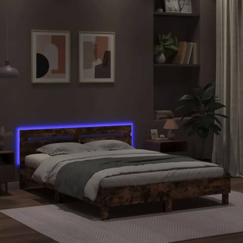 füstös tölgy színű ágykeret fejtámlával és LED-del 150x200 cm