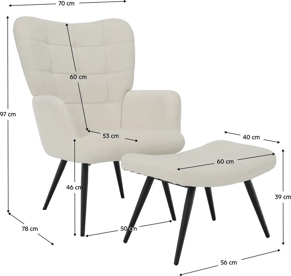 Fotel lábtartóval, fehér Velvet szövet/fekete, HABEN