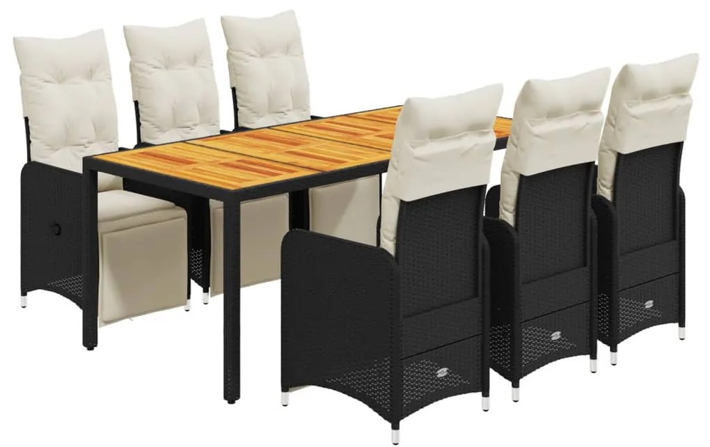 7 részes fekete polyrattan kerti bisztrógarnitúra párnákkal