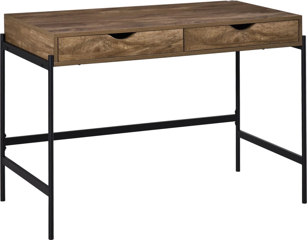 HOMCOM Ipari Stílusú Íróasztal 110L x 55W x 75H cm, 2 Fiókkal, Fém Lábakkal, Fekete Fa Hatású MDF Felülettel | Aosom