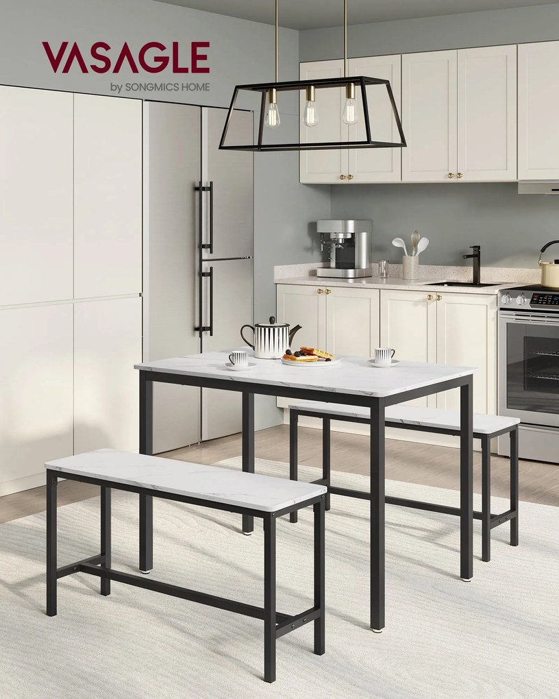 Étkezőasztal szett 4 fő részére, konyhaasztal 2 paddal, márványfehér és tintafekete színben