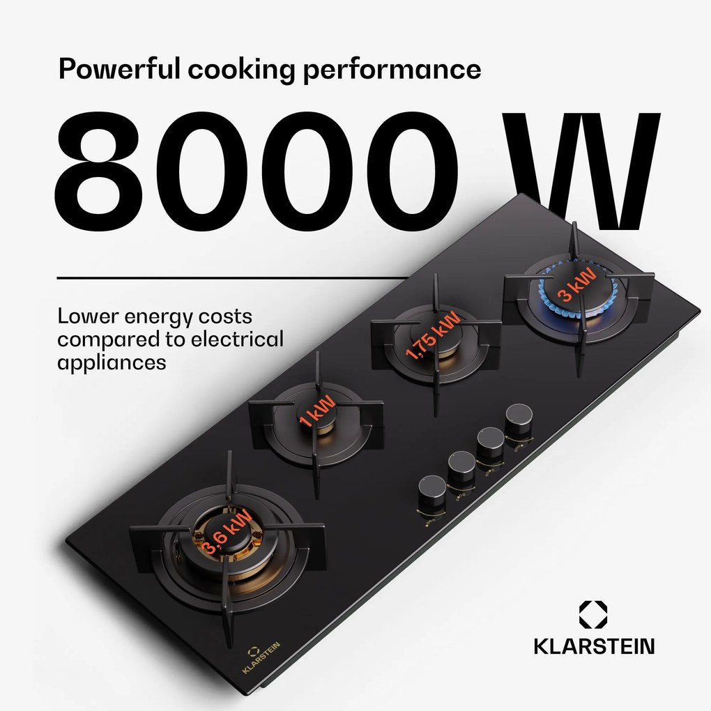 Klarstein Goldflame 4 Slim, gáz főzőlap, 4 égő, önálló, földgáz/propán, rozsdamentes acél