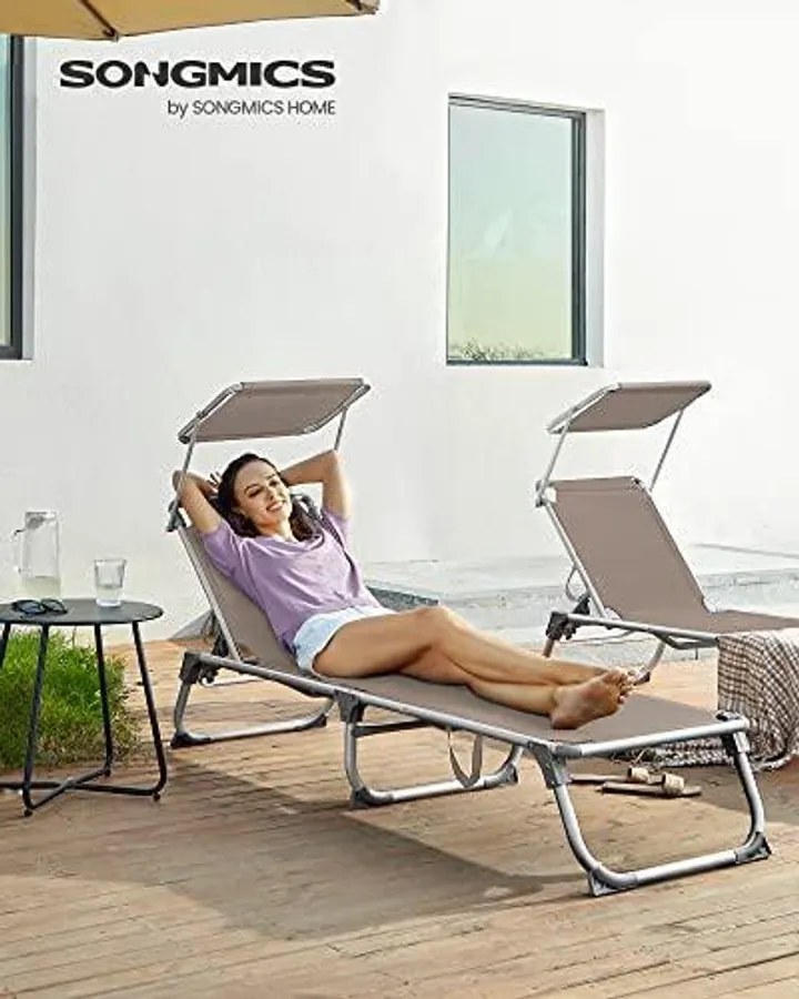 Napozóágy, napernyővel, állítható háttámlával, összecsukható, 55 x 193 x 31 cm, terhelhetőség 150 kg, bézs