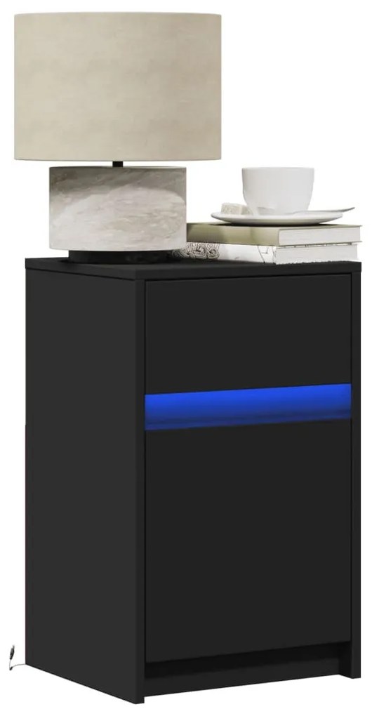 2 db fekete szerelt fa éjjeliszekrény LED-fényekkel