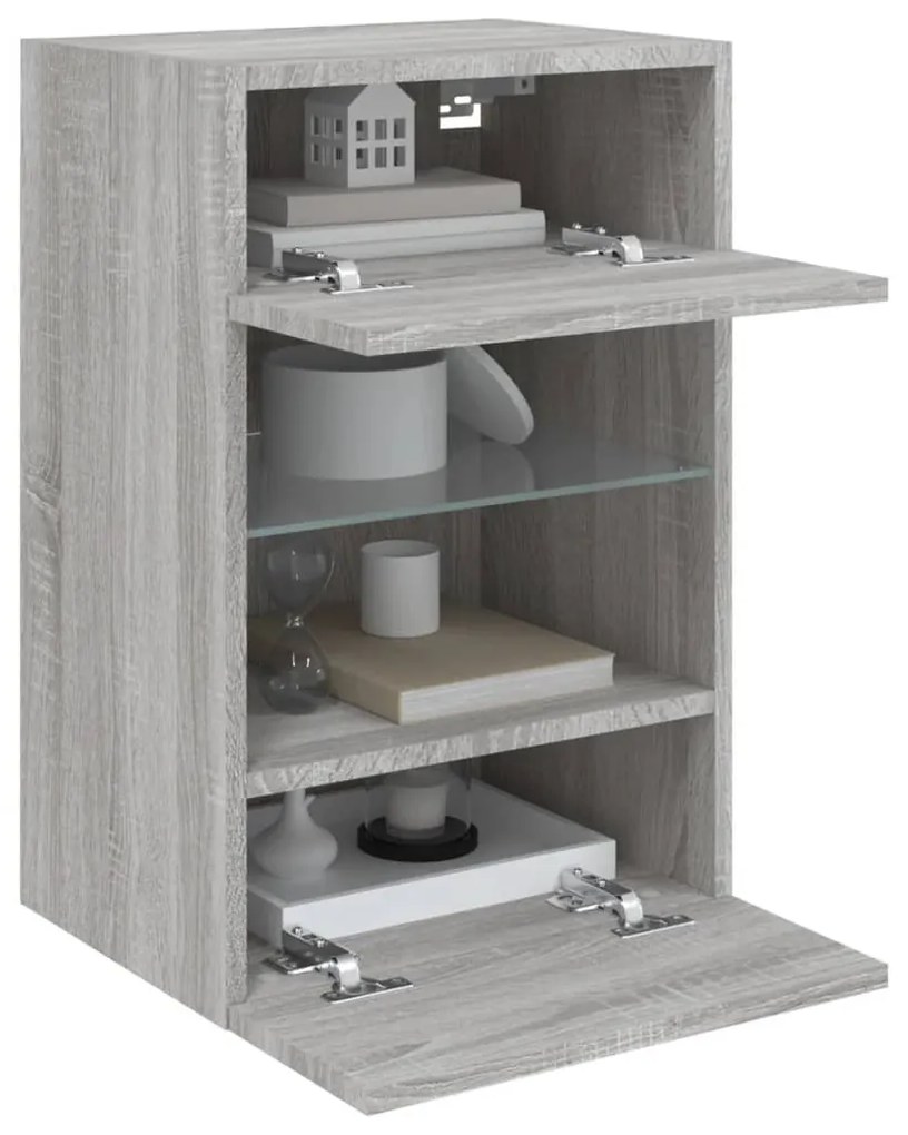 2 db szürke sonoma fali szekrények LED világítással TV-hez 40x30x60,5 cm