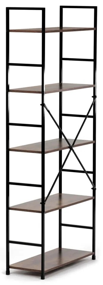 Bibliotecă, 5 rafturi, decor vintage din lemn, MDF, lac negru