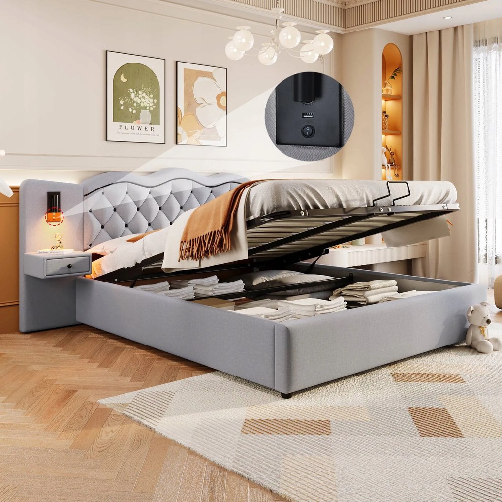 Kárpitozott ágy Dupla ágy Hidraulikus Led Usb 180*200 cm szürke